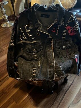 AKIRA Black Distressed Denim Jacket with Multicolor Accents